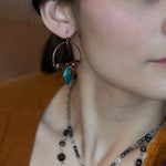 Chrysocolla diamonds are held within bronze hammered hoop earrings with amber crystal and chocolate fresh water pearl accents