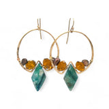 Chrysocolla diamonds are held within bronze hammered hoop earrings with amber crystal and chocolate fresh water pearl accents
