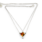 Sterling silver triangular mini pendant with natural amber gemstone on a double sterling silver dainty chain necklace