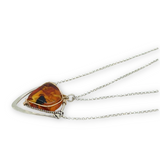 Sterling silver triangular mini pendant with natural amber gemstone on a double sterling silver dainty chain necklace