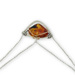 Sterling silver triangular mini pendant with natural amber gemstone on a double sterling silver dainty chain necklace