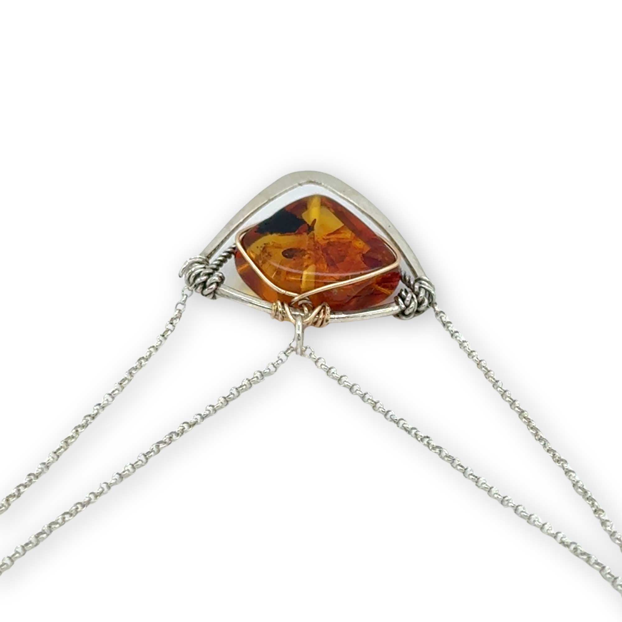 Sterling silver triangular mini pendant with natural amber gemstone on a double sterling silver dainty chain necklace