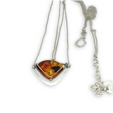 Sterling silver triangular mini pendant with natural amber gemstone on a double sterling silver dainty chain necklace