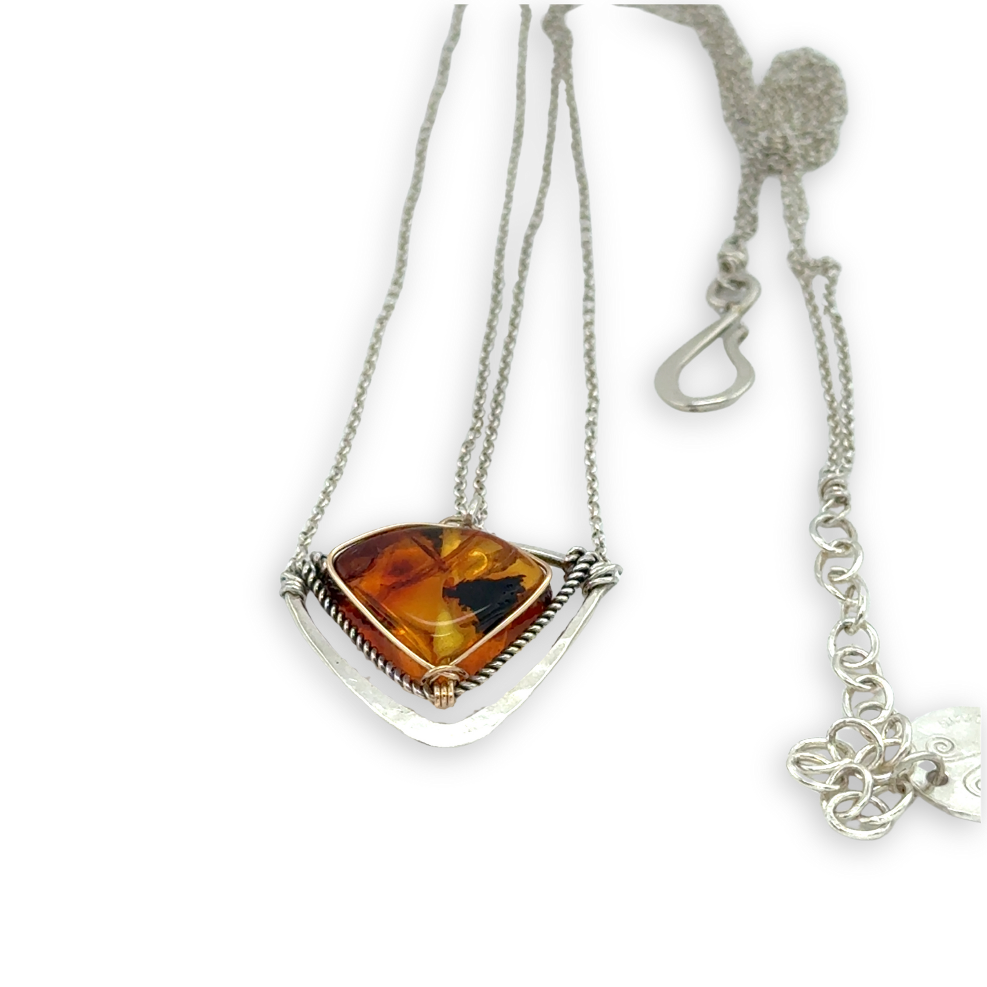 Sterling silver triangular mini pendant with natural amber gemstone on a double sterling silver dainty chain necklace