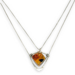 Sterling silver triangular mini pendant with natural amber gemstone on a double sterling silver dainty chain necklace