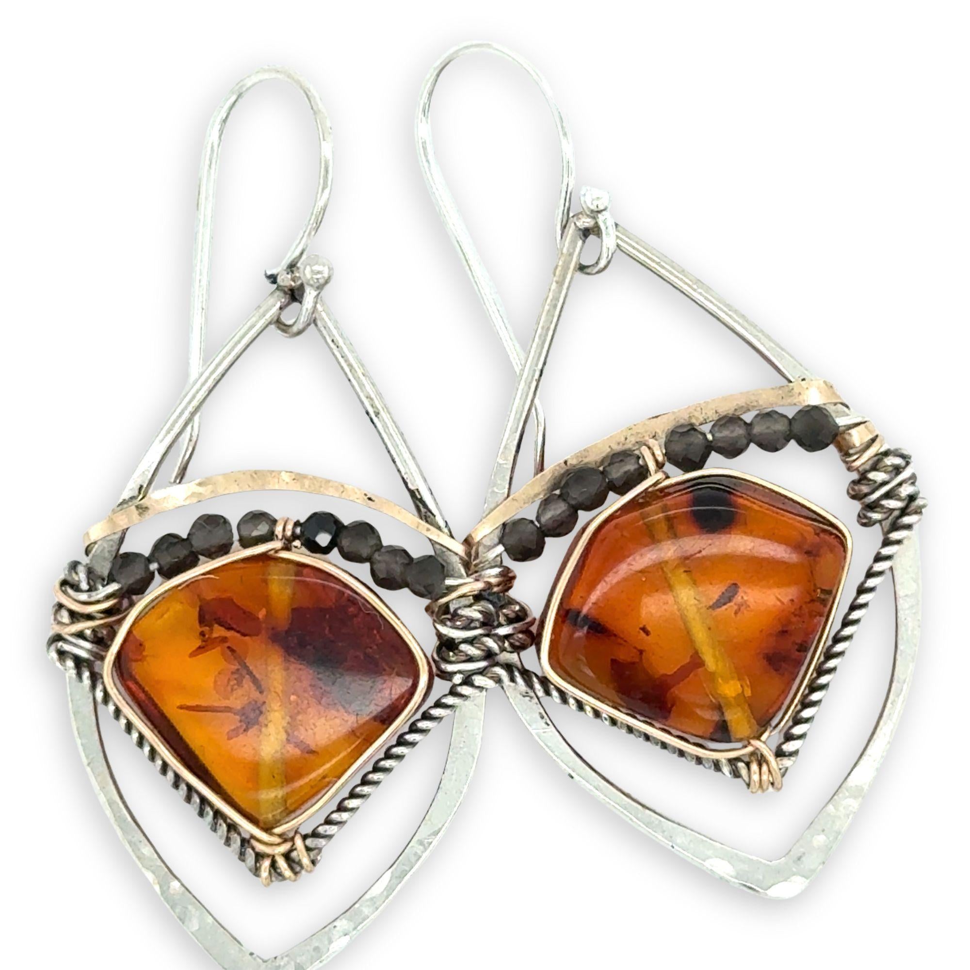 mini sterling silver hammered marquise earrings with amber wedge gemstone accented with tiny obsidian and gold filled wire