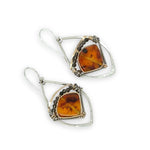 mini sterling silver hammered marquise earrings with amber wedge gemstone accented with tiny obsidian and gold filled wire