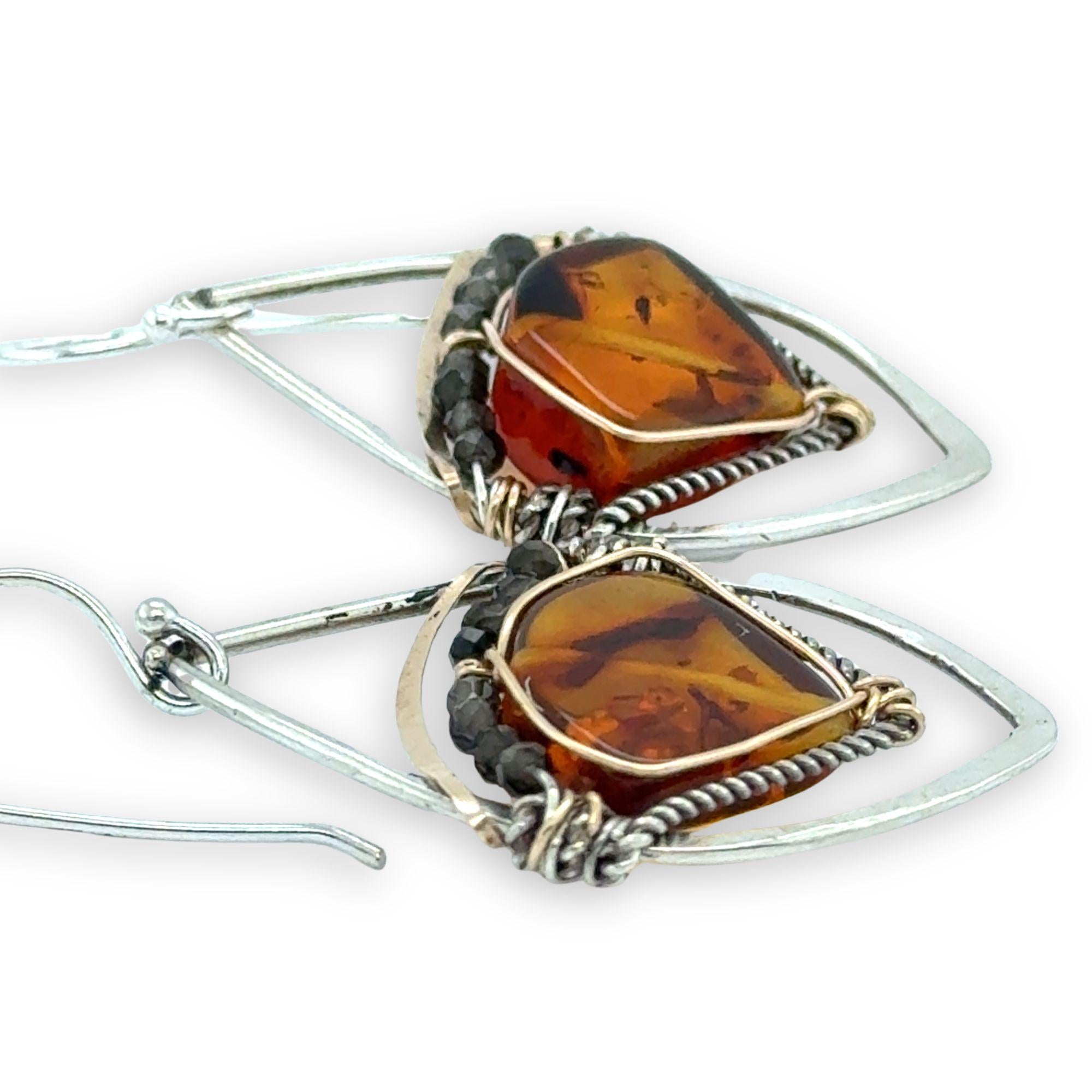 mini sterling silver hammered marquise earrings with amber wedge gemstone accented with tiny obsidian and gold filled wire