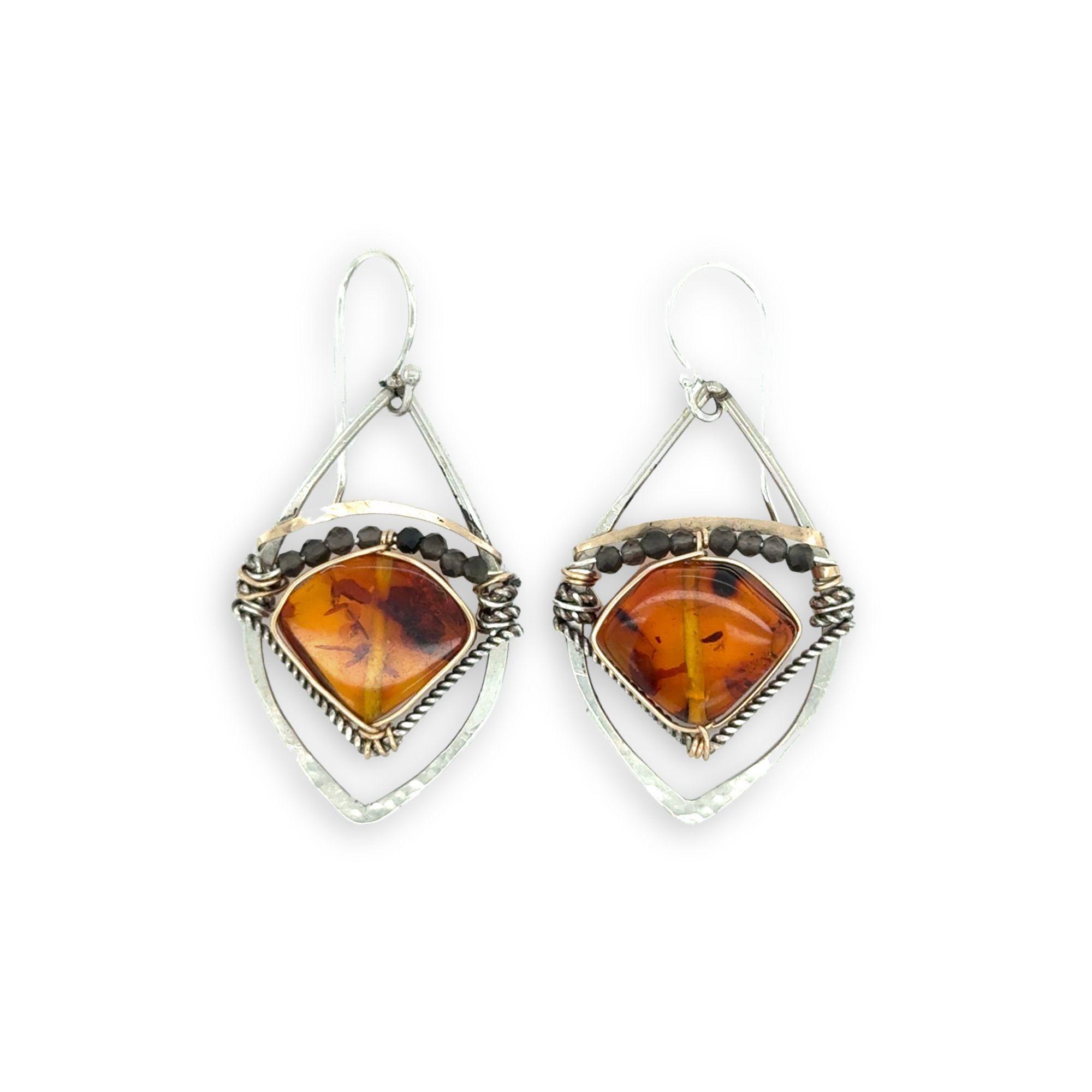 mini sterling silver hammered marquise earrings with amber wedge gemstone accented with tiny obsidian and gold filled wire