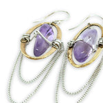 Brass hammered oval and sterling silver delicate chain chandelier earrings holding smooth amethyst pebble gemstones