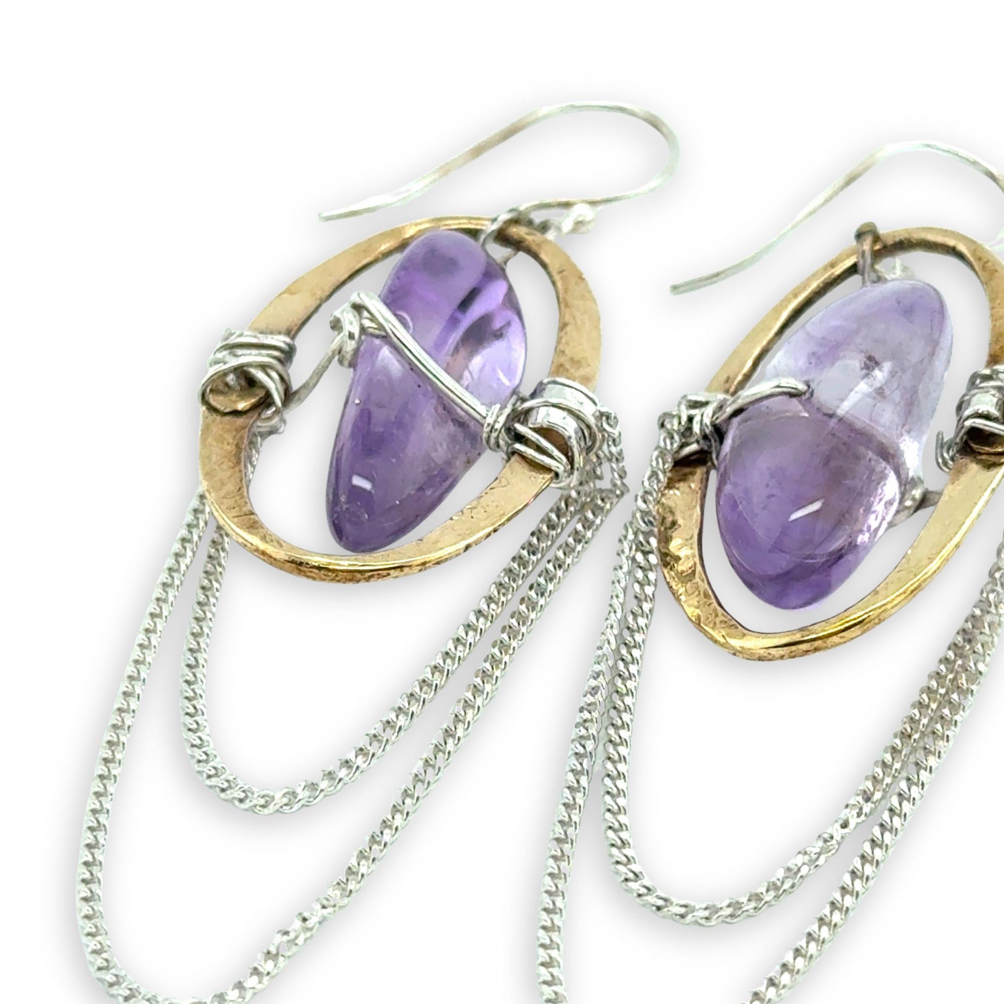 Brass hammered oval and sterling silver delicate chain chandelier earrings holding smooth amethyst pebble gemstones