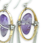 Brass hammered oval and sterling silver delicate chain chandelier earrings holding smooth amethyst pebble gemstones