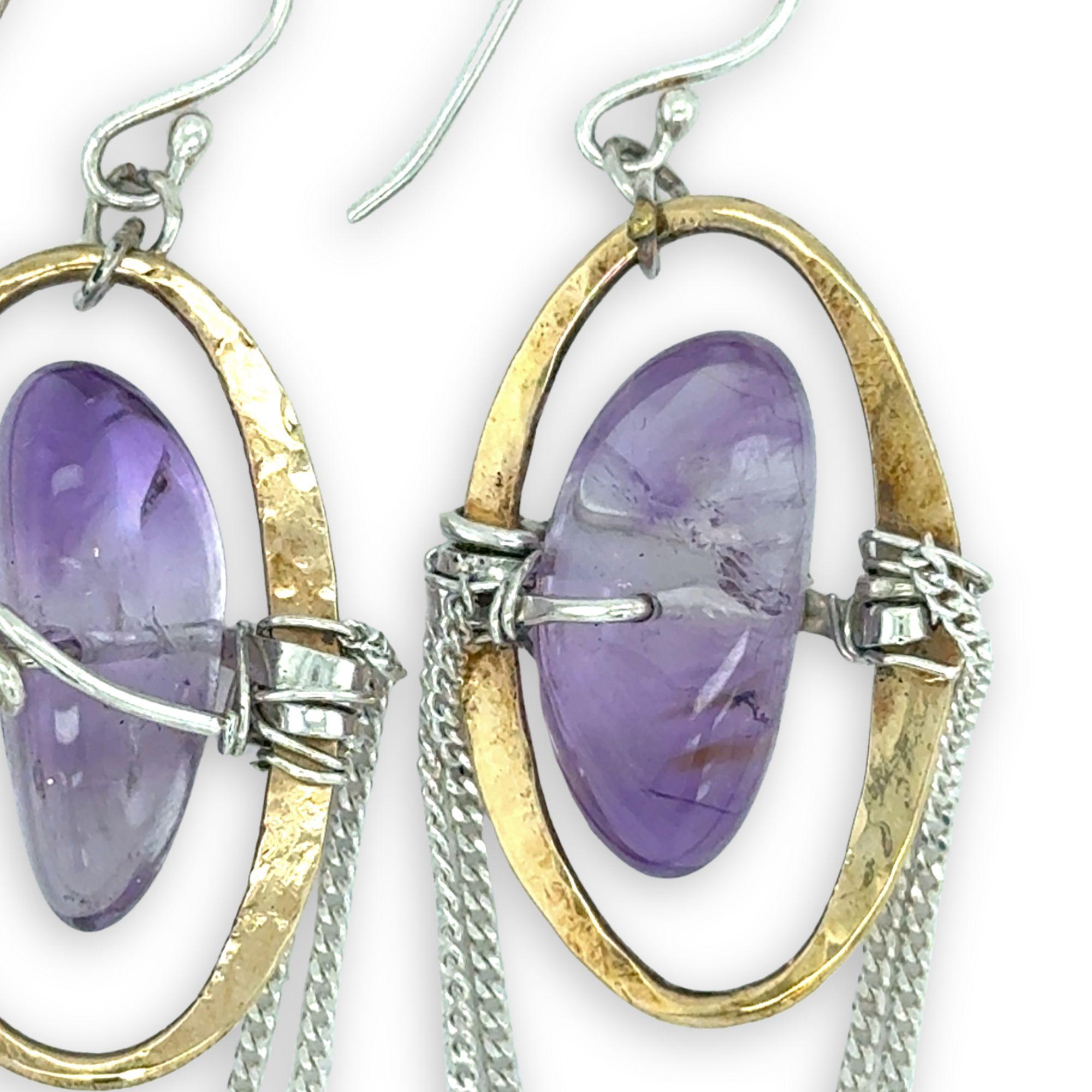 Brass hammered oval and sterling silver delicate chain chandelier earrings holding smooth amethyst pebble gemstones