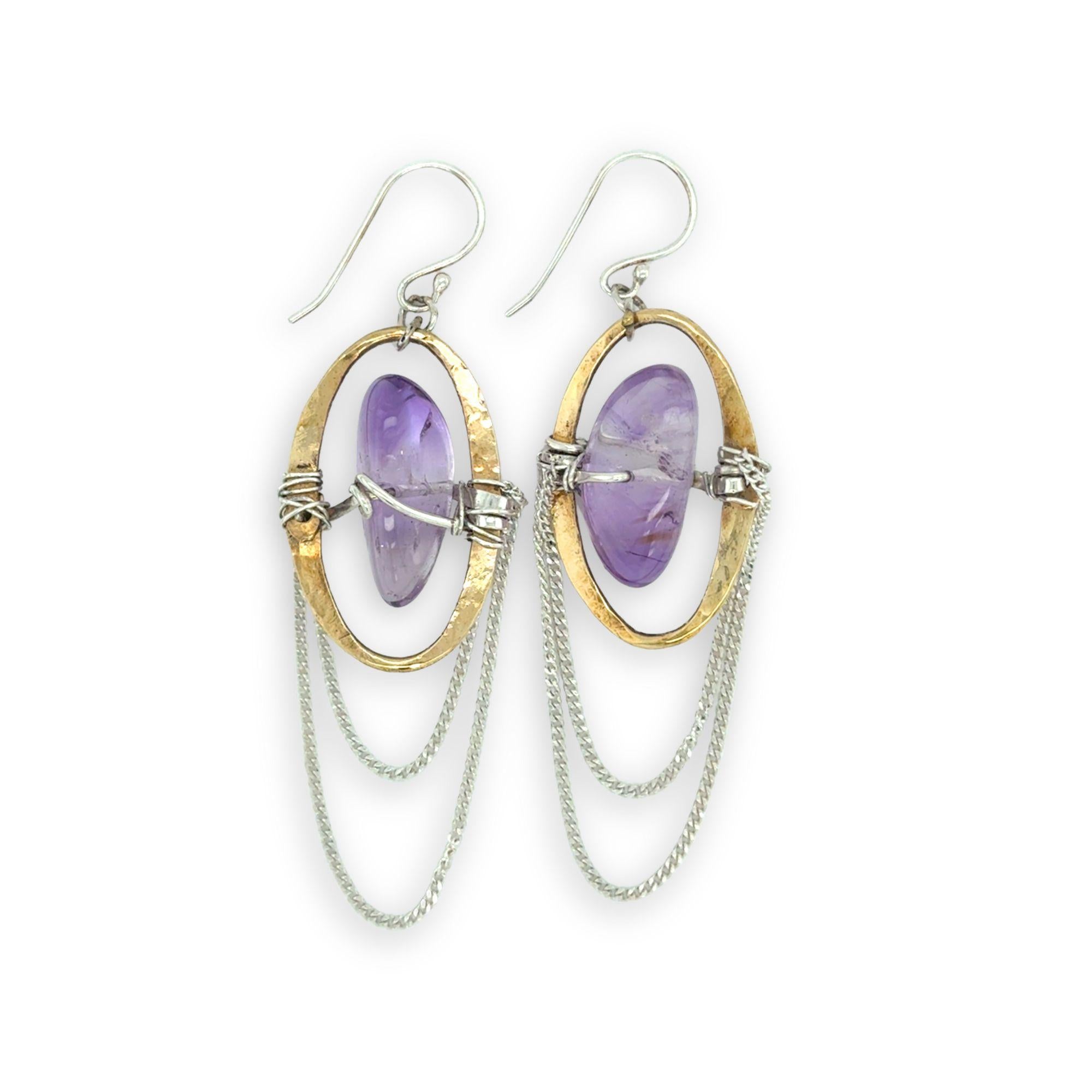 Brass hammered oval and sterling silver delicate chain chandelier earrings holding smooth amethyst pebble gemstones