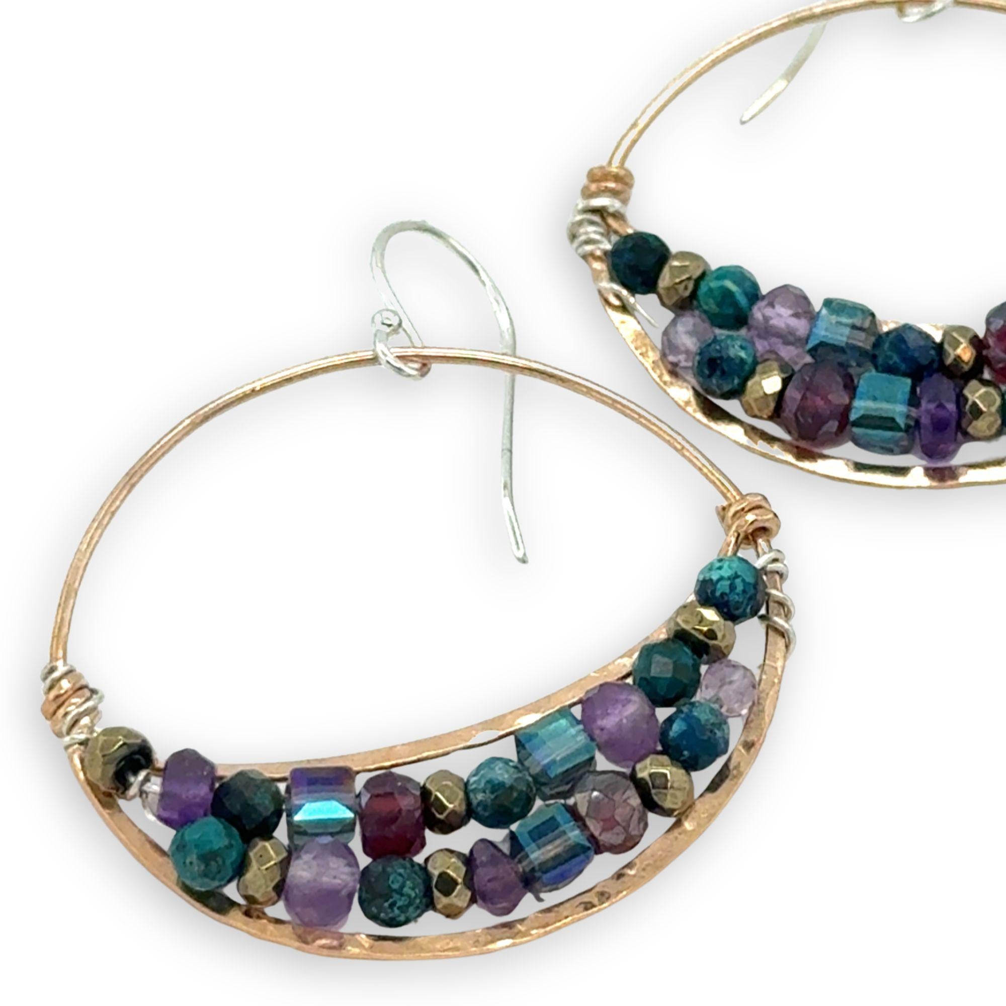 handmade hammered bronze channel hoops with a mix of amethyst, chrysocolla, pyrite, and crystal cube gemstones on sterling silver wire