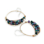 handmade hammered bronze channel hoops with a mix of amethyst, chrysocolla, pyrite, and crystal cube gemstones on sterling silver wire