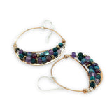 handmade hammered bronze channel hoops with a mix of amethyst, chrysocolla, pyrite, and crystal cube gemstones on sterling silver wire