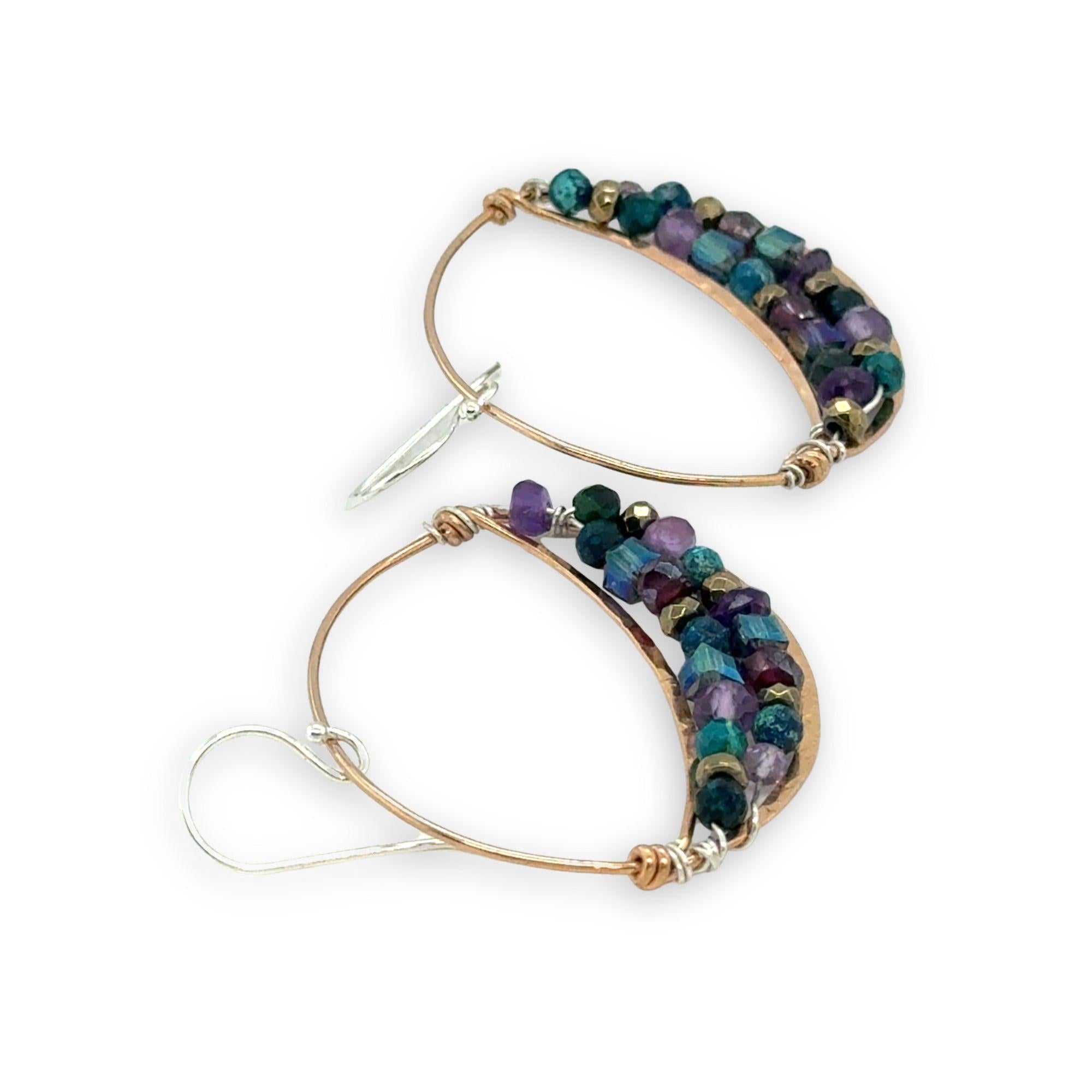 handmade hammered bronze channel hoops with a mix of amethyst, chrysocolla, pyrite, and crystal cube gemstones on sterling silver wire