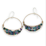 handmade hammered bronze channel hoops with a mix of amethyst, chrysocolla, pyrite, and crystal cube gemstones on sterling silver wire