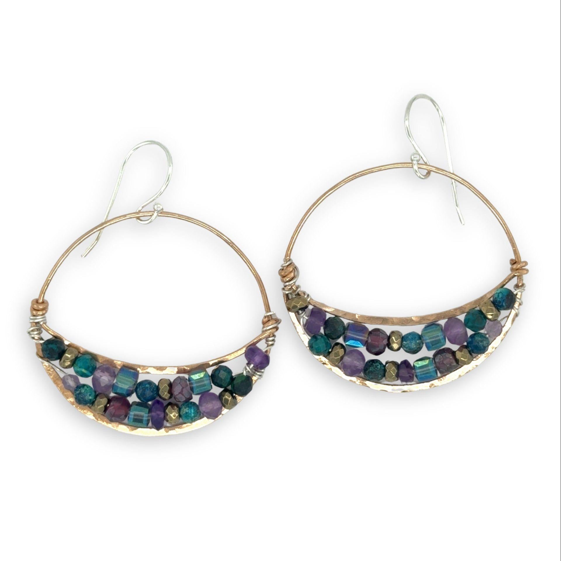 handmade hammered bronze channel hoops with a mix of amethyst, chrysocolla, pyrite, and crystal cube gemstones on sterling silver wire