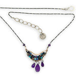 Handmade hammered bronze mini pendant embellished with amethyst, chrysocolla, pyrite, and crystal cubes with faceted amethyst drops hanging from the bottom, on oxidized sterling silver dot chain