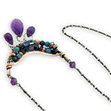 Handmade hammered bronze mini pendant embellished with amethyst, chrysocolla, pyrite, and crystal cubes with faceted amethyst drops hanging from the bottom, on oxidized sterling silver dot chain