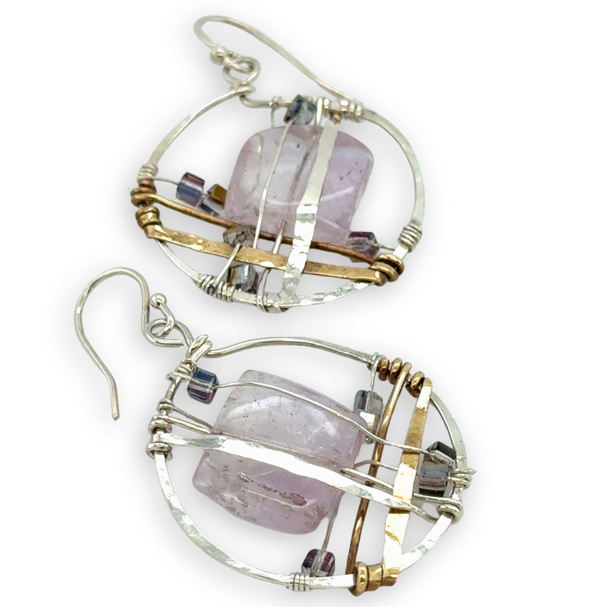 Handmade sterling silver hoops with layers of amethyst tiles, pink gold crystal cubes, brass, and sterling silver plaid