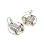 Handmade sterling silver hoops with layers of amethyst tiles, pink gold crystal cubes, brass, and sterling silver plaid