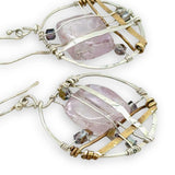 Handmade sterling silver hoops with layers of amethyst tiles, pink gold crystal cubes, brass, and sterling silver plaid