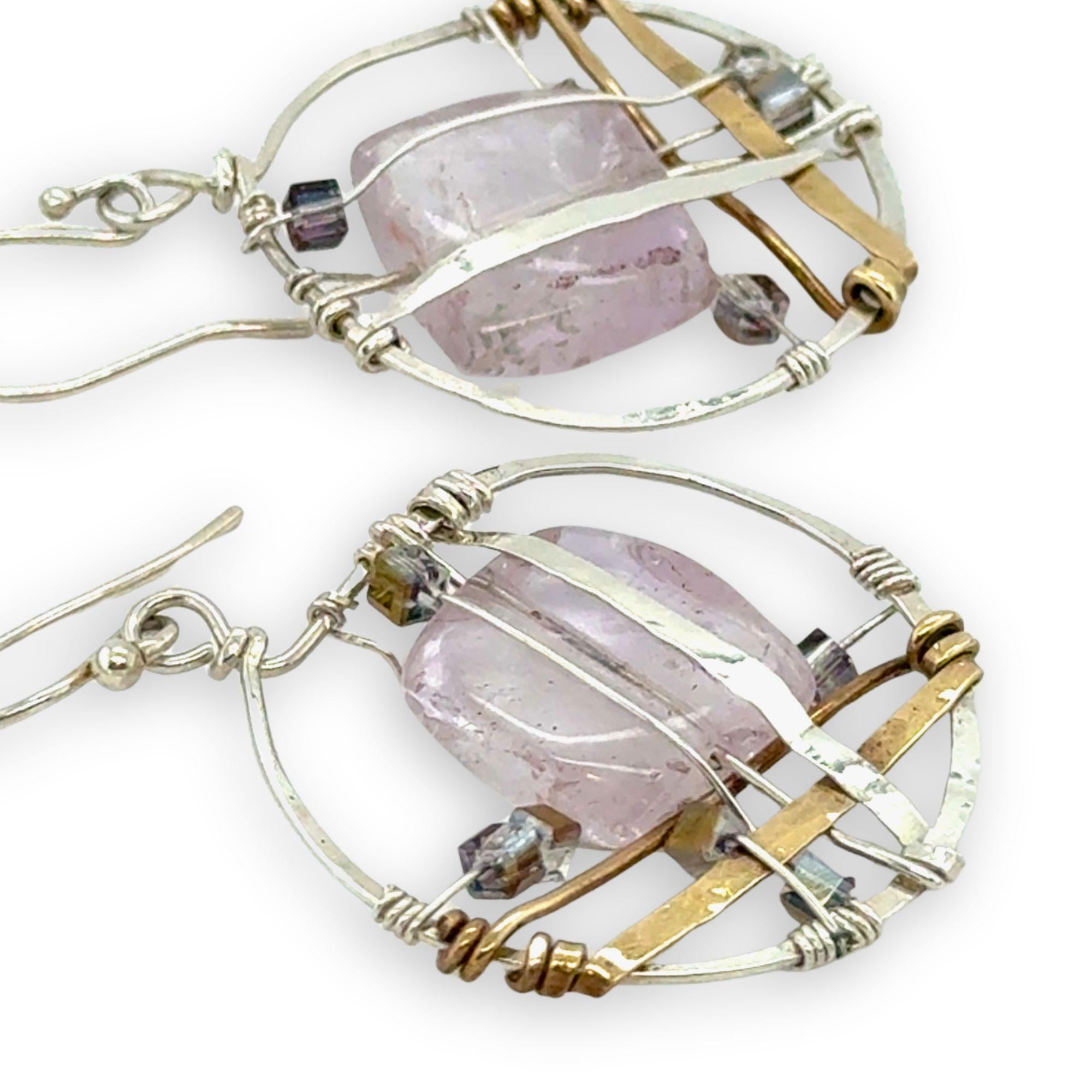 Handmade sterling silver hoops with layers of amethyst tiles, pink gold crystal cubes, brass, and sterling silver plaid