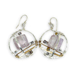 Handmade sterling silver hoops with layers of amethyst tiles, pink gold crystal cubes, brass, and sterling silver plaid