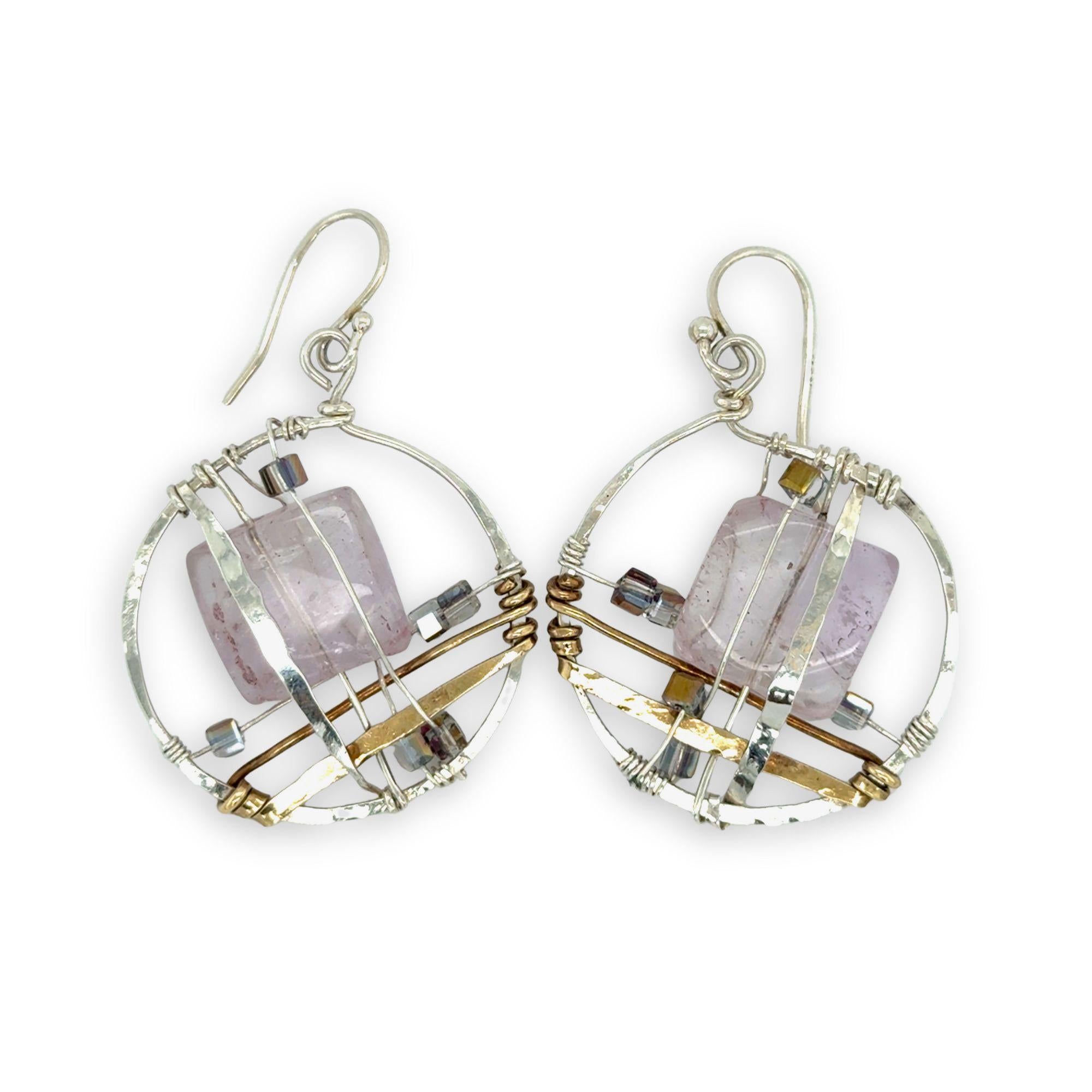 Handmade sterling silver hoops with layers of amethyst tiles, pink gold crystal cubes, brass, and sterling silver plaid