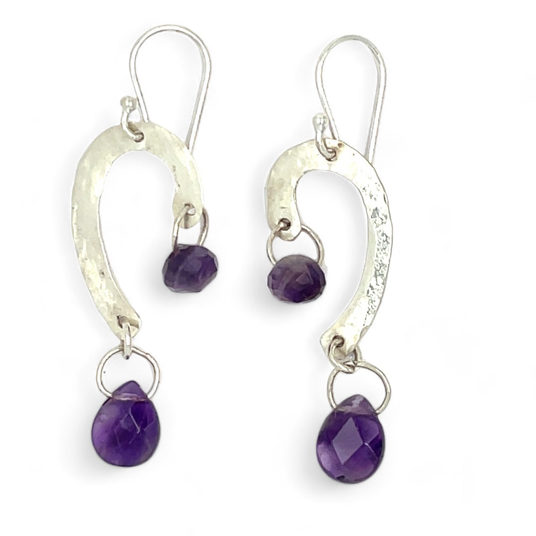 Mini sterling silver cane shaped earrings with purple amethyst dangles