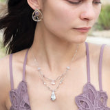 Dandelion stamped sterling silver drop earrings with snaking hammered bronze wire and oxidized sterling twist wire accented with amethyst cubes, cubic zirconia, and fluorite gemstones with built in post style earring hooks