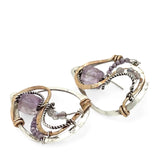 Dandelion stamped sterling silver drop earrings with snaking hammered bronze wire and oxidized sterling twist wire accented with amethyst cubes, cubic zirconia, and fluorite gemstones with built in post style earring hooks