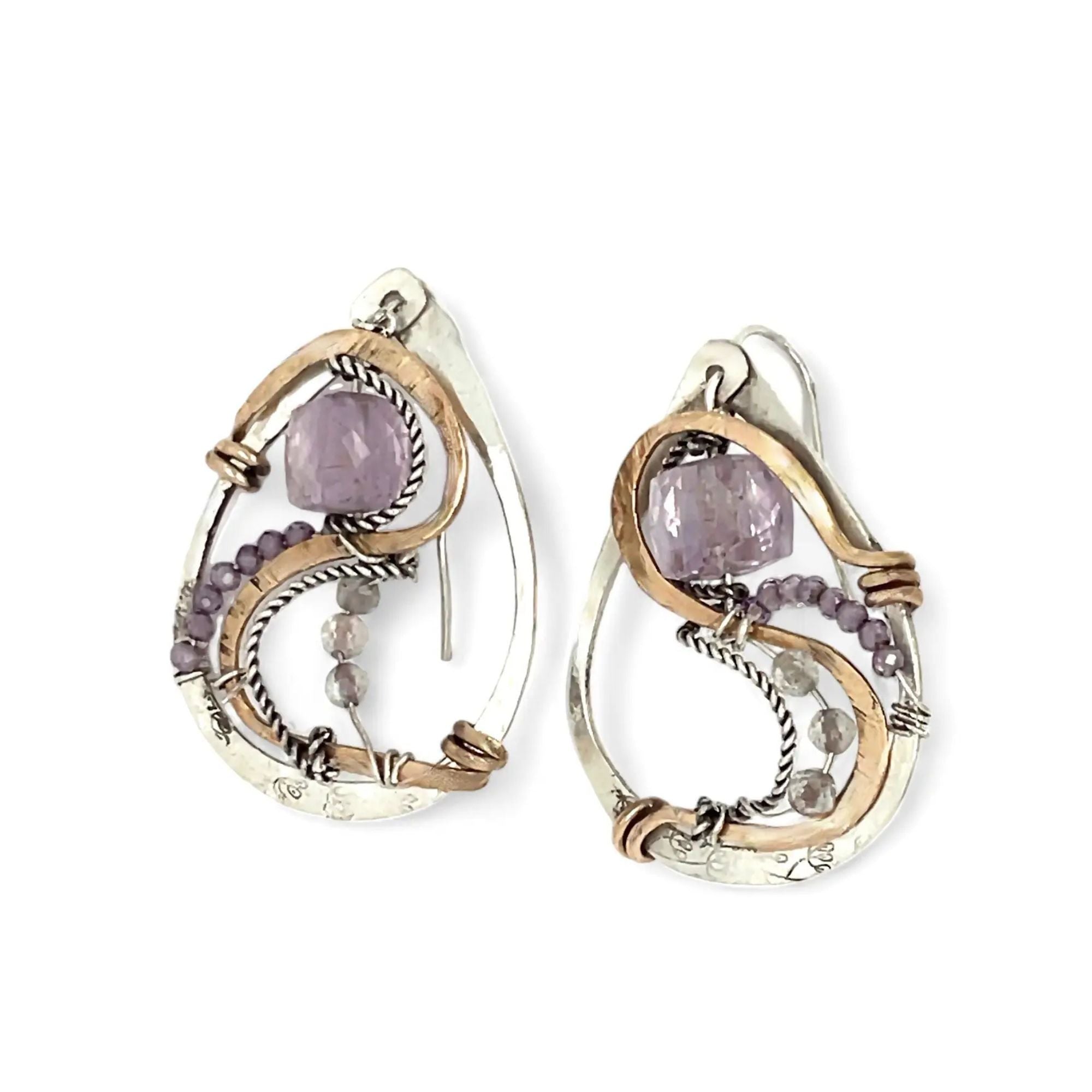 Dandelion stamped sterling silver drop earrings with snaking hammered bronze wire and oxidized sterling twist wire accented with amethyst cubes, cubic zirconia, and fluorite gemstones with built in post style earring hooks