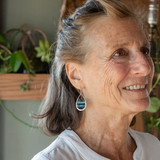 Sterling silver hammered drop earrings with smooth apatite tiles, chrysocolla, muted purple fresh water pearl, and crystal wrapped in gold filled wire