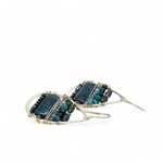 Sterling silver hammered drop earrings with smooth apatite tiles, chrysocolla, muted purple fresh water pearl, and crystal wrapped in gold filled wire