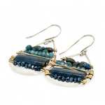 Sterling silver hammered drop earrings with smooth apatite tiles, chrysocolla, muted purple fresh water pearl, and crystal wrapped in gold filled wire