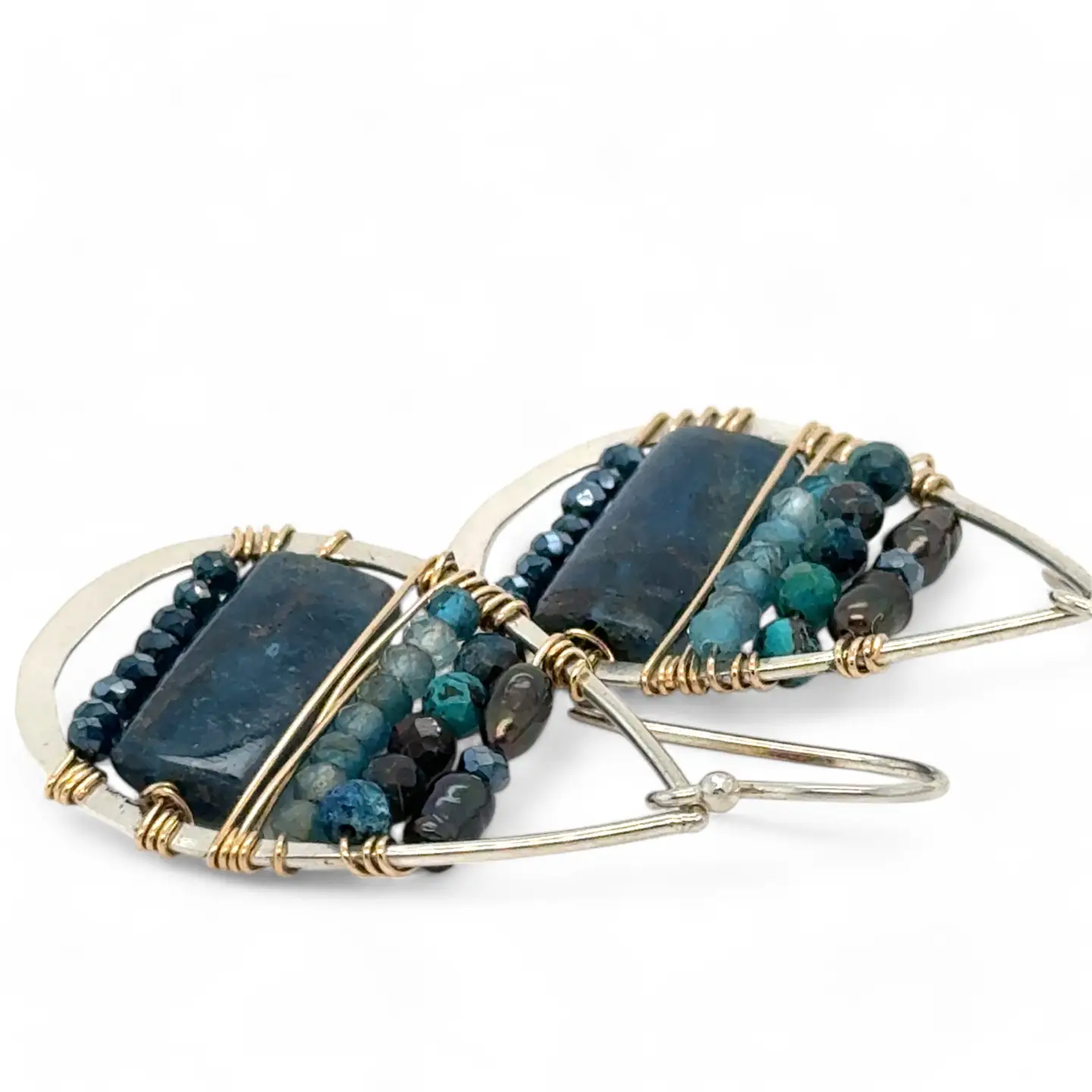 Sterling silver hammered drop earrings with smooth apatite tiles, chrysocolla, muted purple fresh water pearl, and crystal wrapped in gold filled wire