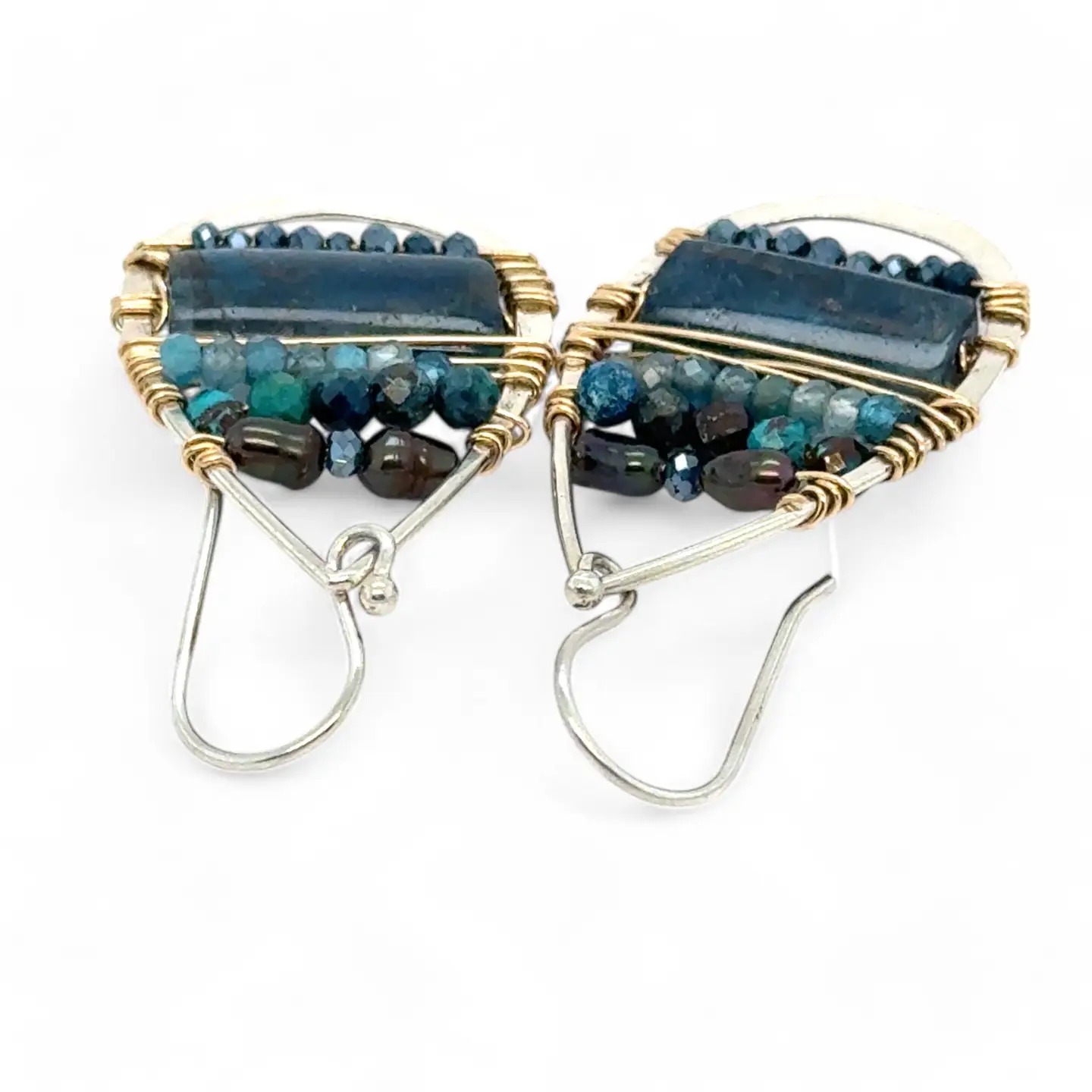Sterling silver hammered drop earrings with smooth apatite tiles, chrysocolla, muted purple fresh water pearl, and crystal wrapped in gold filled wire