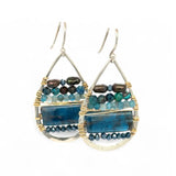Sterling silver hammered drop earrings with smooth apatite tiles, chrysocolla, muted purple fresh water pearl, and crystal wrapped in gold filled wire