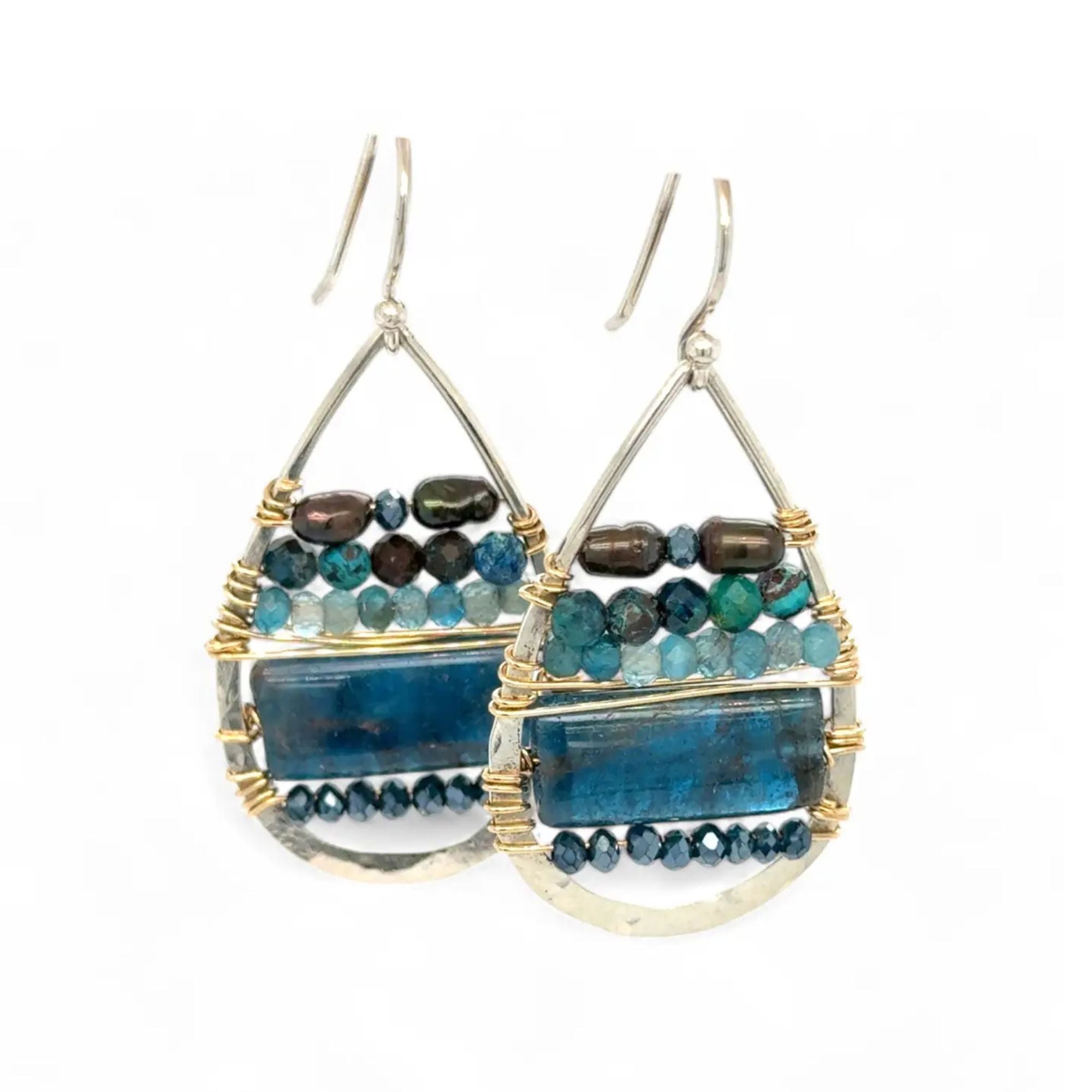 Sterling silver hammered drop earrings with smooth apatite tiles, chrysocolla, muted purple fresh water pearl, and crystal wrapped in gold filled wire