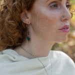 Apatite gemstones accented with blue quartz, chrysocolla, crystal, and bright apatite gemstones wrapped in bronze and gold filled wire inside darkened sterling silver long drop earrings