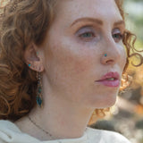 Apatite gemstones accented with blue quartz, chrysocolla, crystal, and bright apatite gemstones wrapped in bronze and gold filled wire inside darkened sterling silver long drop earrings