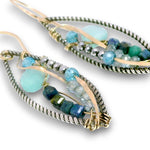 oxidized sterling silver twisted marquise earrings will 14k gold filled earring hooks, chalcedony, apatite, azurite cubes, and blue cubic zirconia gemstones