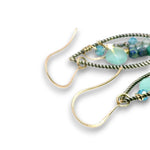 oxidized sterling silver twisted marquise earrings will 14k gold filled earring hooks, chalcedony, apatite, azurite cubes, and blue cubic zirconia gemstones