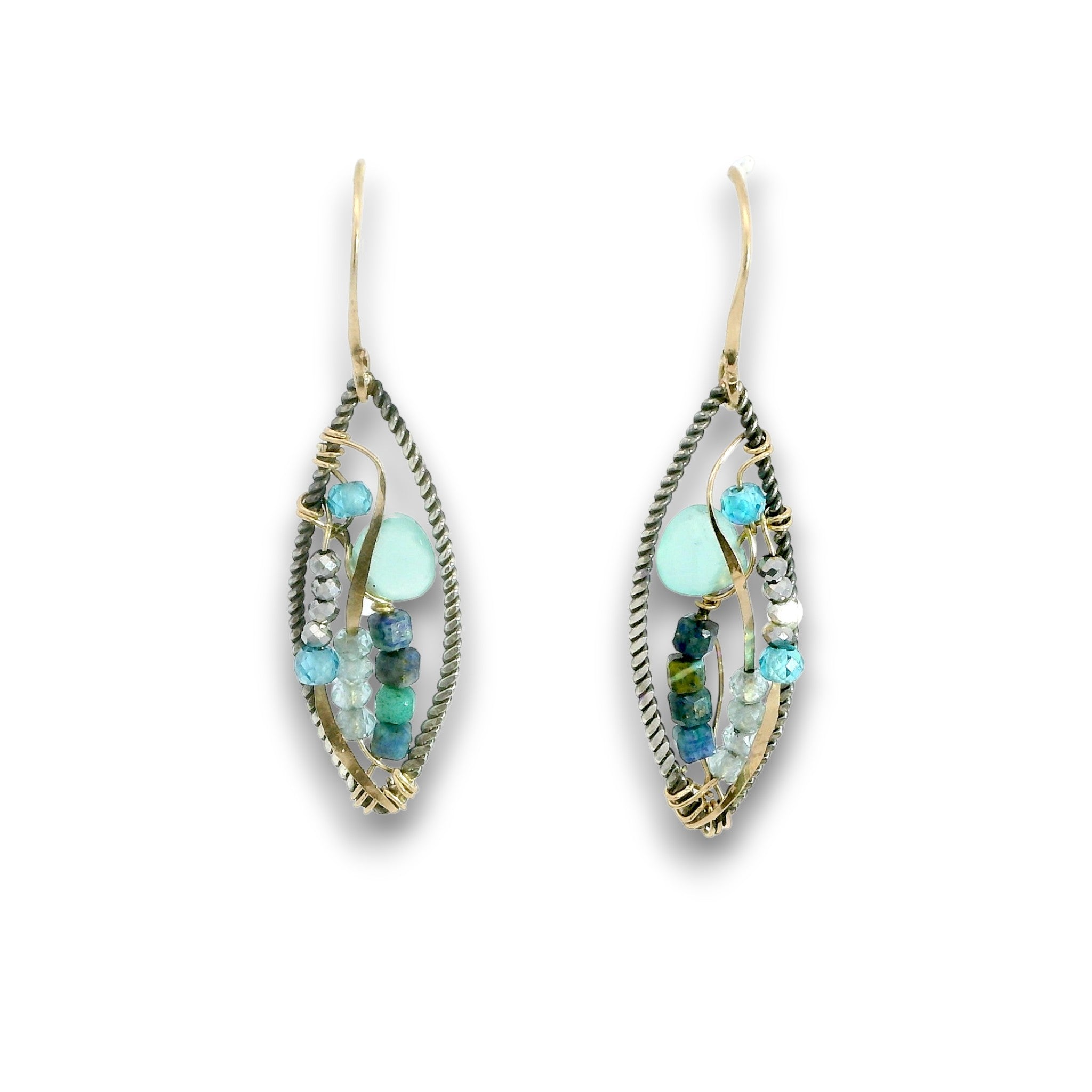oxidized sterling silver twisted marquise earrings will 14k gold filled earring hooks, chalcedony, apatite, azurite cubes, and blue cubic zirconia gemstones