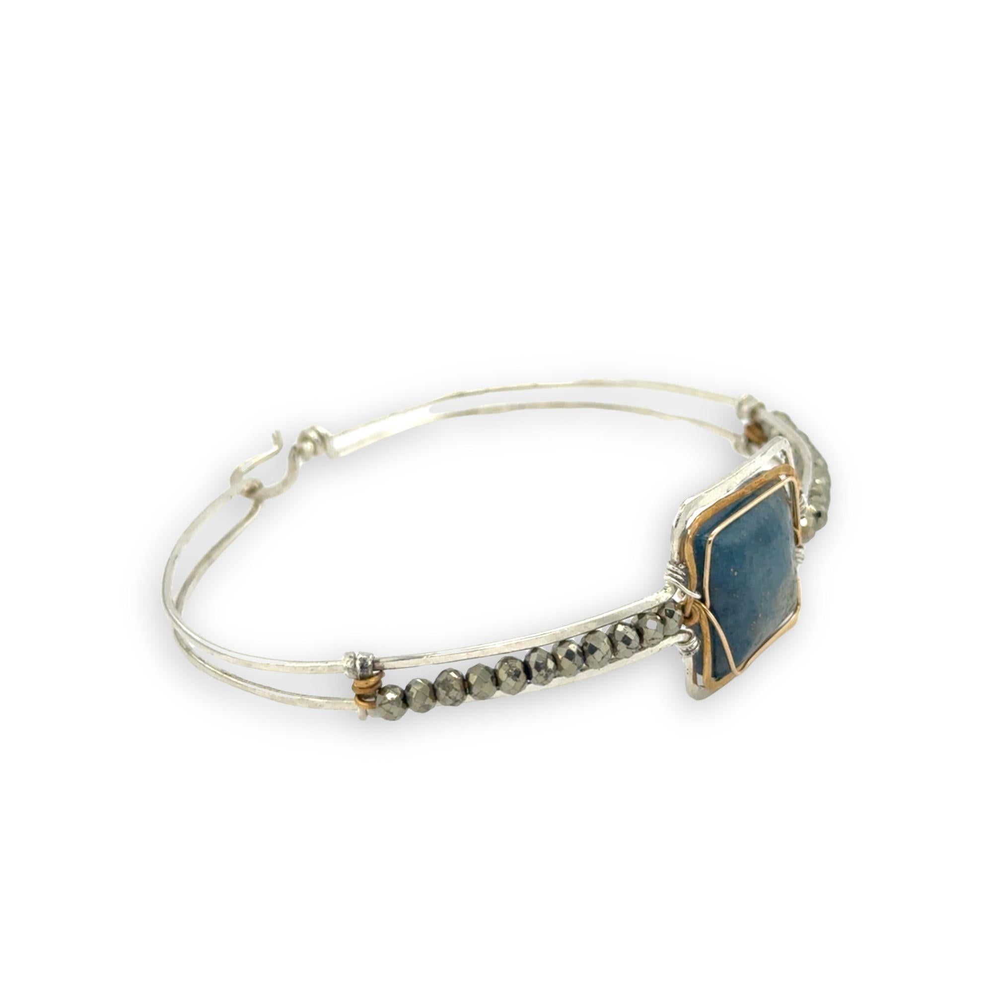 Sterling silver slim bracelet with a smooth apatite tile center surrounded by hammered brass and pyrite gemstone accents