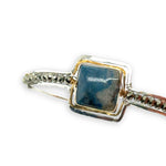 Sterling silver slim bracelet with a smooth apatite tile center surrounded by hammered brass and pyrite gemstone accents